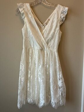 Altar’d State White Lace Mini Fit-and-Flare Dress Boho V- Neck Cap Sleeve Bridal